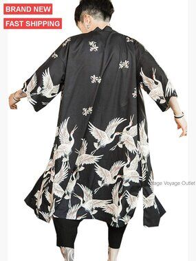 Men's Long Kimono Cardigan Jacket Japanese Style Open Front Coat